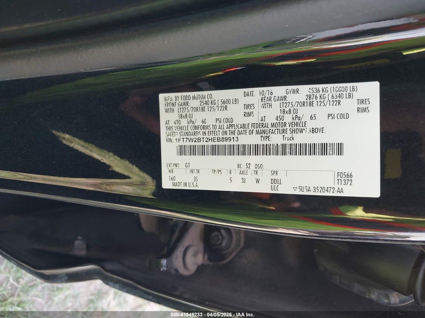 2017 FORD F-250 VIN: 1FT7W2BT2HEB89913