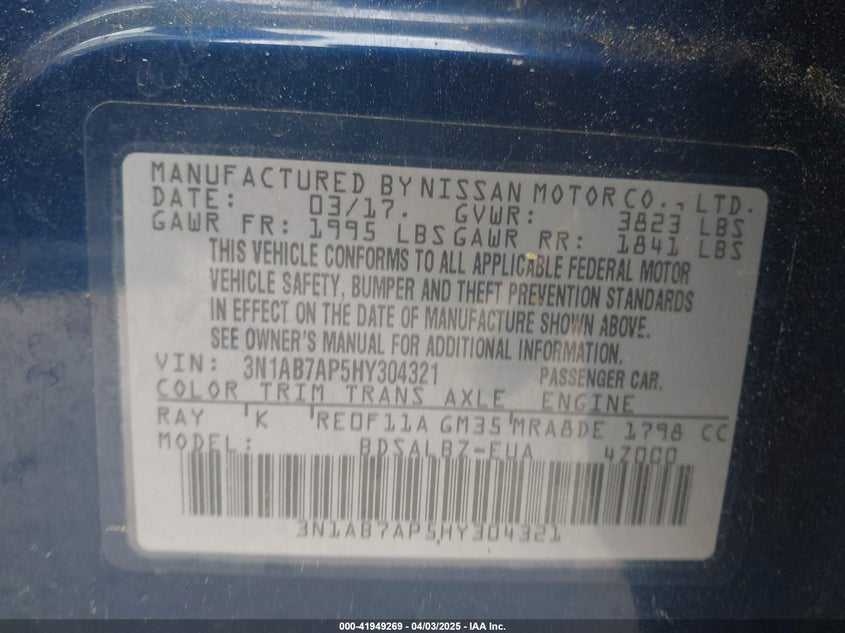 2017 NISSAN SENTRA VIN: 3N1AB7AP5HY304321