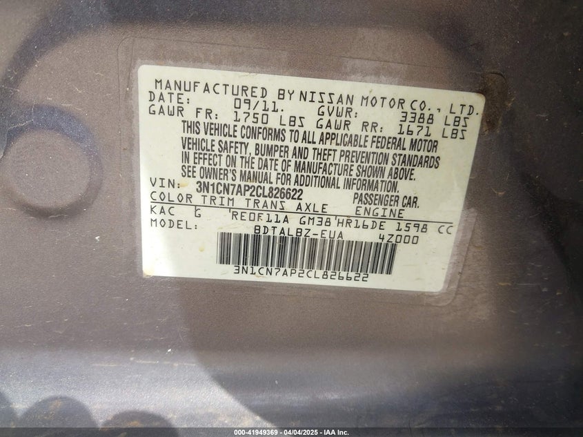 2012 Nissan Versa 1.6 Sv VIN: 3N1CN7AP2CL826622 Lot: 41949369