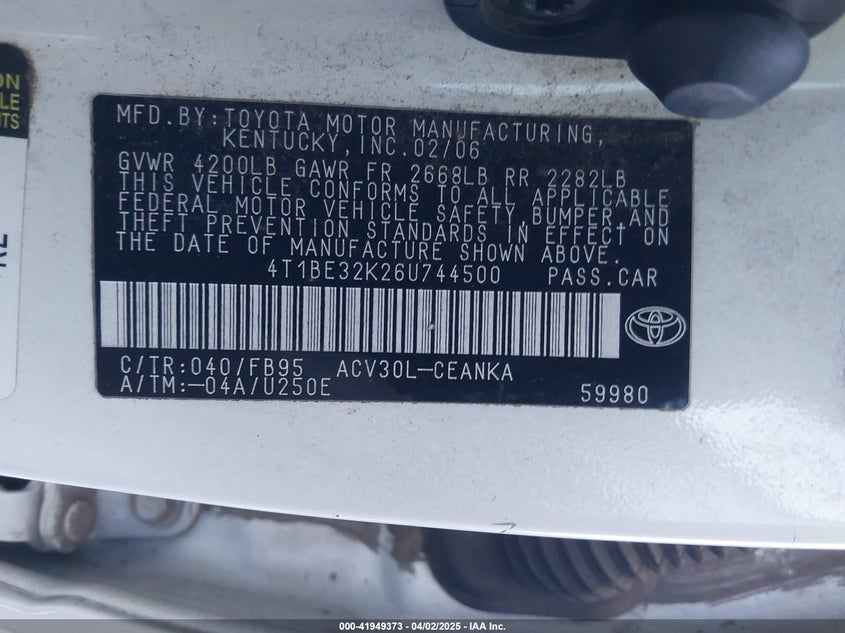 2006 TOYOTA CAMRY VIN: 4T1BE32K26U744500