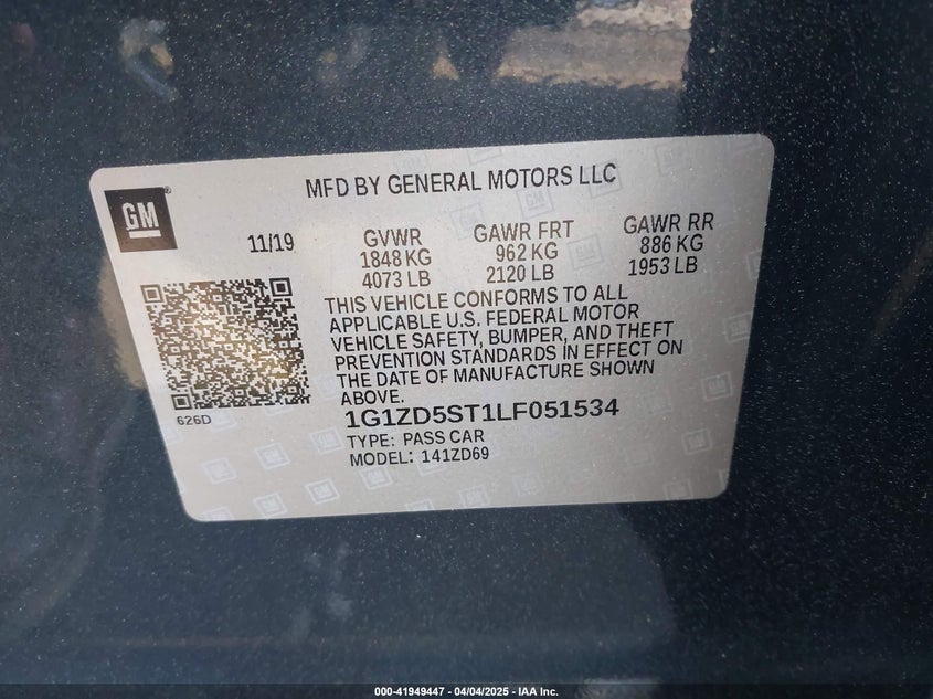 2020 CHEVROLET MALIBU VIN: 1G1ZD5ST1LF051534