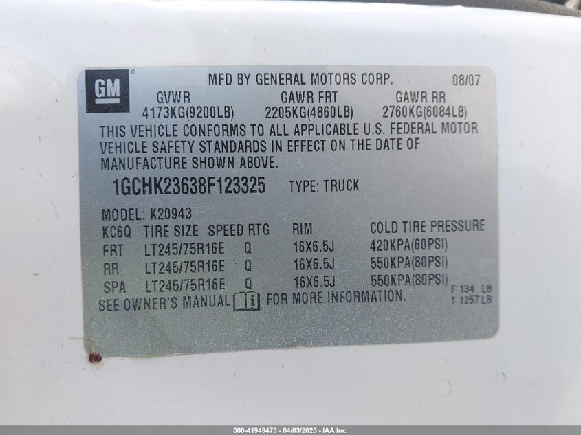 2008 CHEVROLET SILVERADO 2500HD VIN: 1GCHK23638F123325