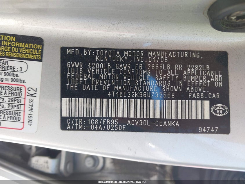 2006 TOYOTA CAMRY VIN: 4T1BE32K96U732568