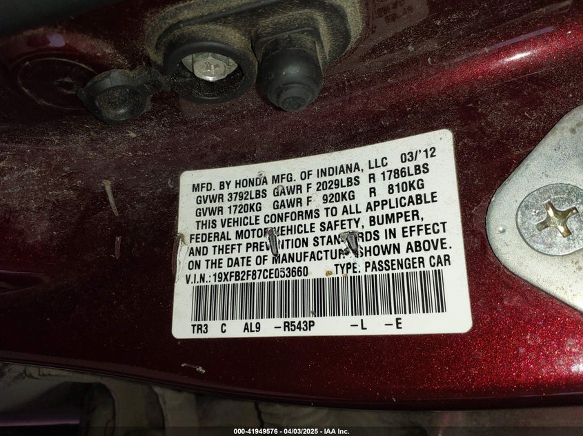 2012 HONDA CIVIC VIN: 19XFB2F87CE053660