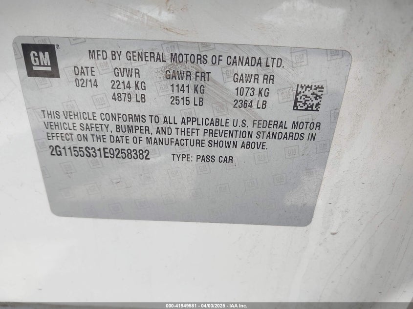 2014 CHEVROLET IMPALA VIN: 2G1155S31E9258382