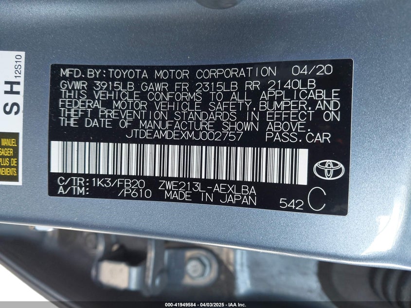 2021 TOYOTA COROLLA HYBRID LE - JTDEAMDEXMJ002757