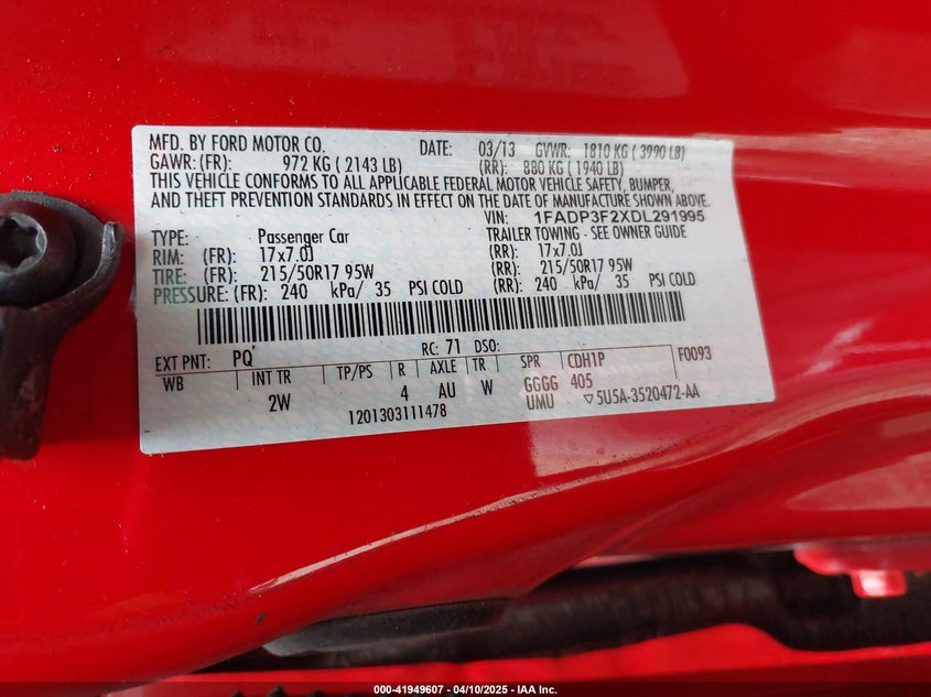 2013 FORD FOCUS VIN: 1FADP3F2XDL291995