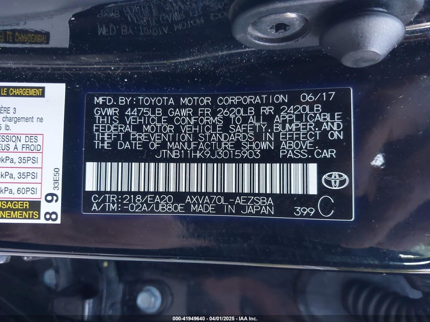 2018 TOYOTA CAMRY VIN: JTNB11HK9J3015903