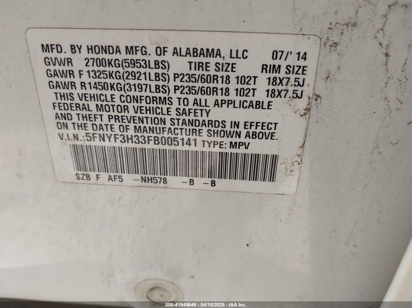 2015 HONDA PILOT SE - 5FNYF3H33FB005141