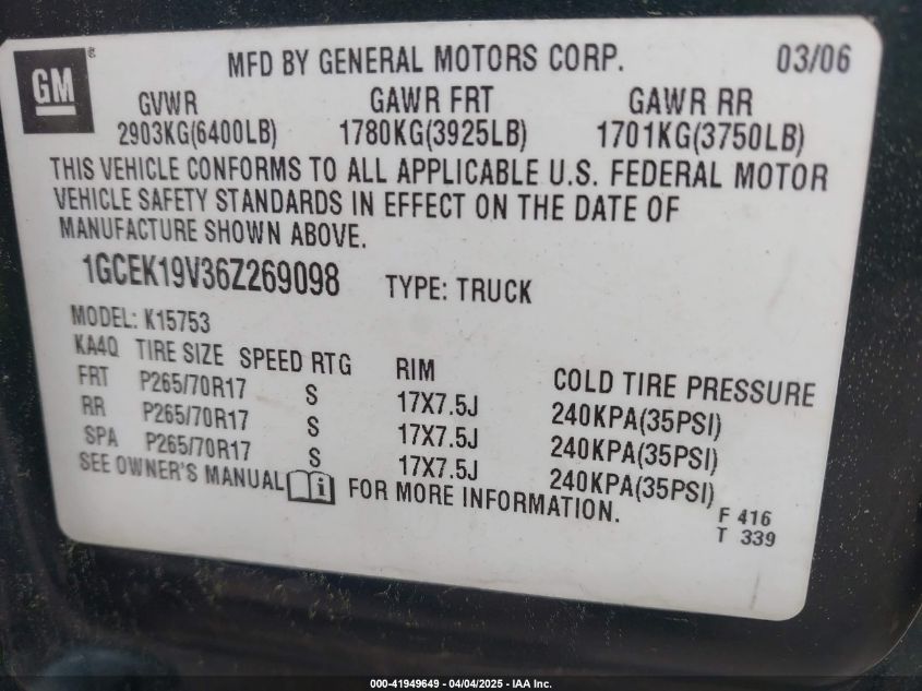 2006 Chevrolet Silverado 1500 Ls VIN: 1GCEK19V36Z269098 Lot: 41949649