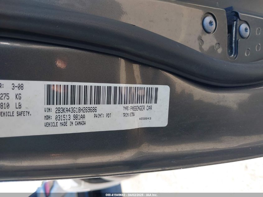 2008 Dodge Charger VIN: 2B3KA43G18H269686 Lot: 41949663