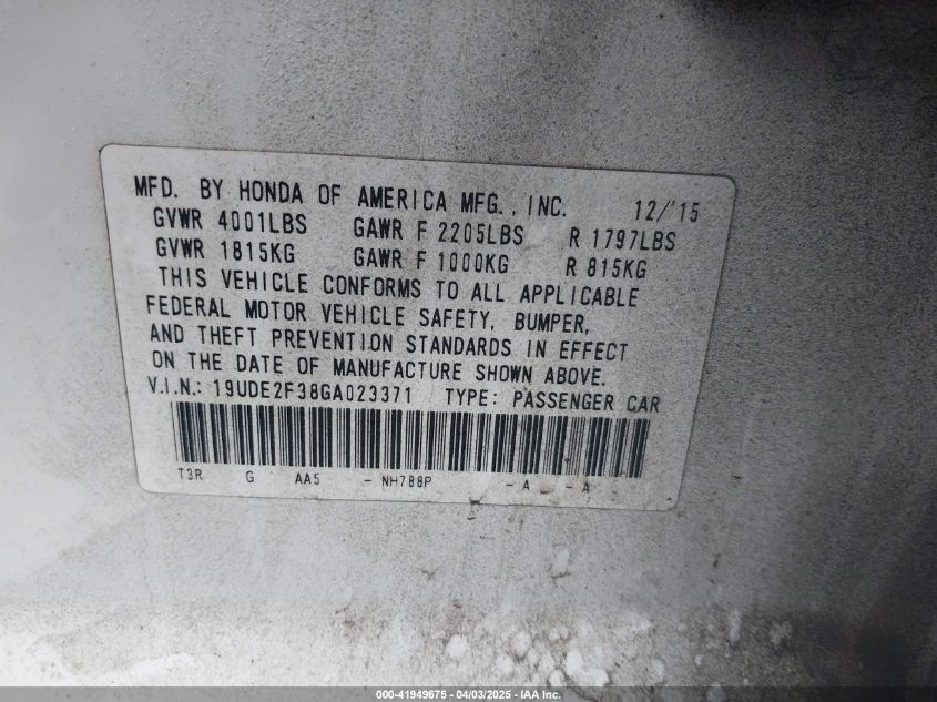 2016 Acura Ilx 2.4L/Acurawatch Plus Package VIN: 19UDE2F38GA023337 Lot: 41949675