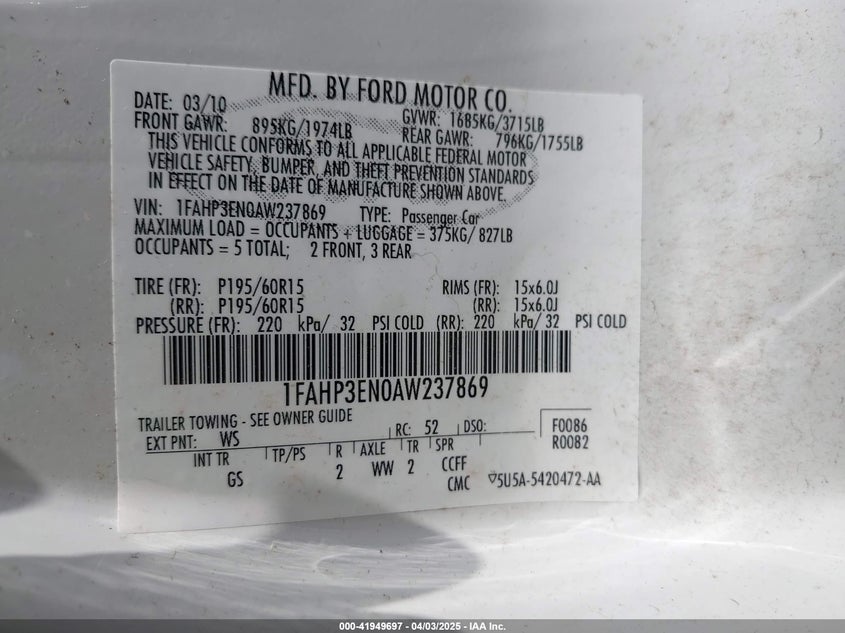 2010 FORD FOCUS VIN: 1FAHP3EN0AW237869