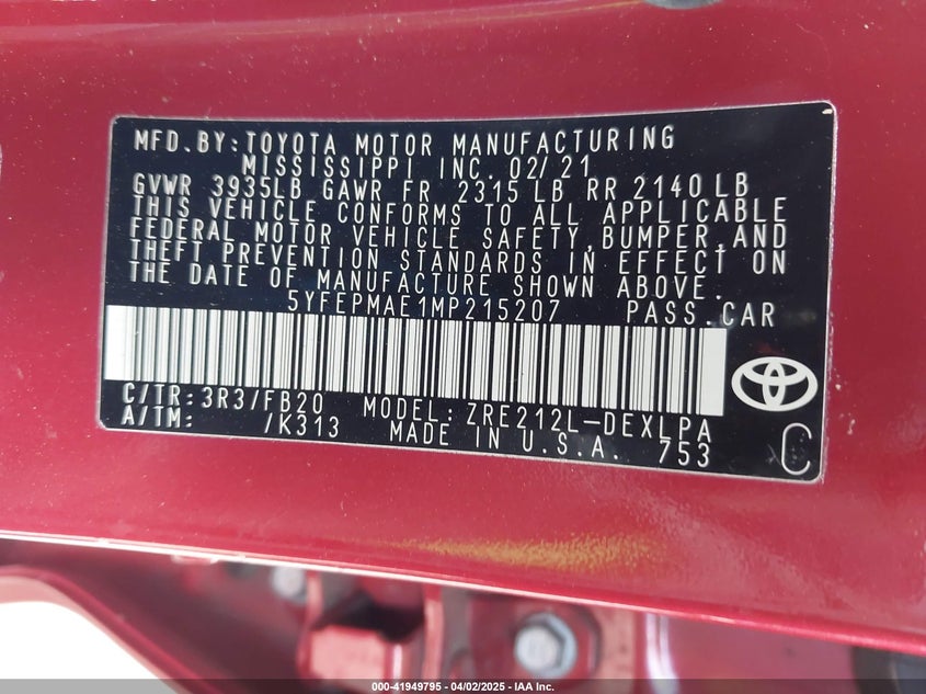 2021 TOYOTA COROLLA LE - 5YFEPMAE1MP215207