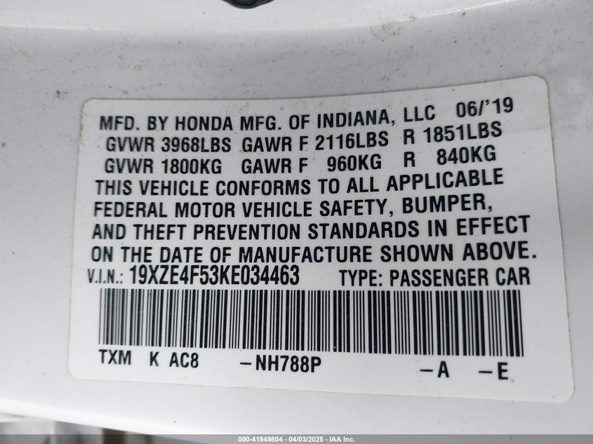 2019 HONDA INSIGHT VIN: 19XZE4F53KE034463