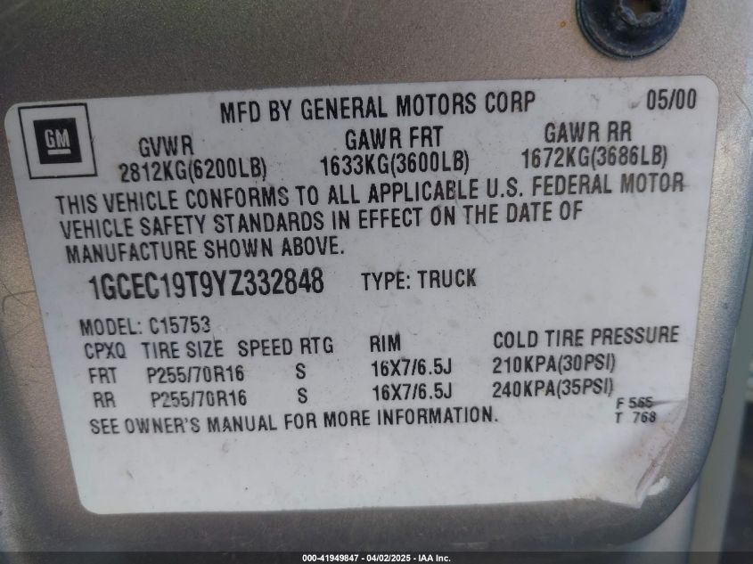 2000 Chevrolet Silverado 1500 Lt VIN: 1GCEC19T9YZ332848 Lot: 41949847