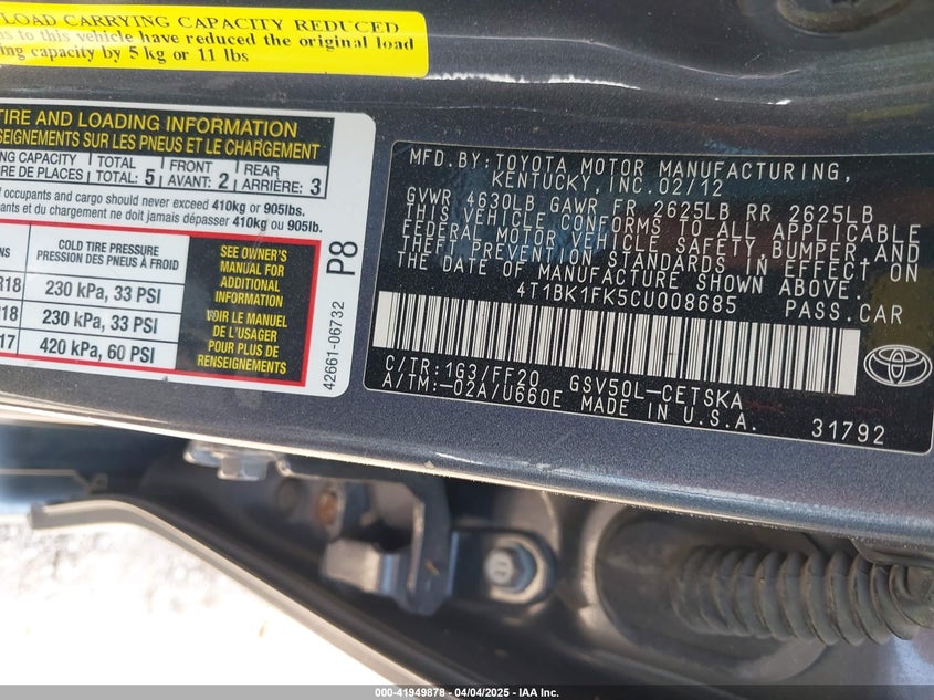 2012 TOYOTA CAMRY VIN: 4T1BK1FK5CU008685