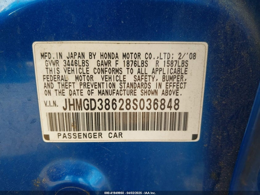 2008 HONDA FIT VIN: JHMGD38628S036848