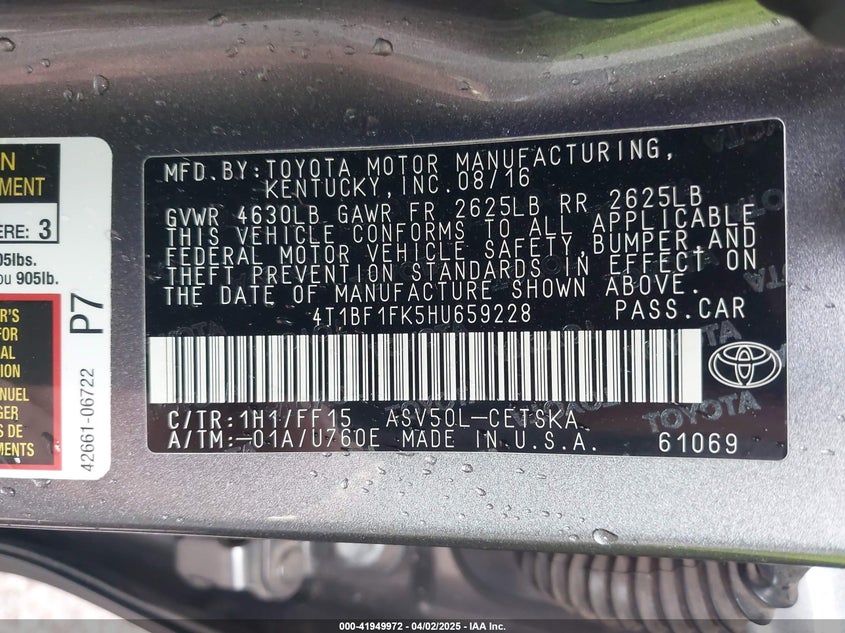 2017 TOYOTA CAMRY VIN: 4T1BF1FK5HU659228