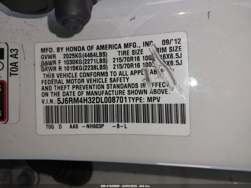 2013 HONDA CR-V VIN: 5J6RM4H32DL008701