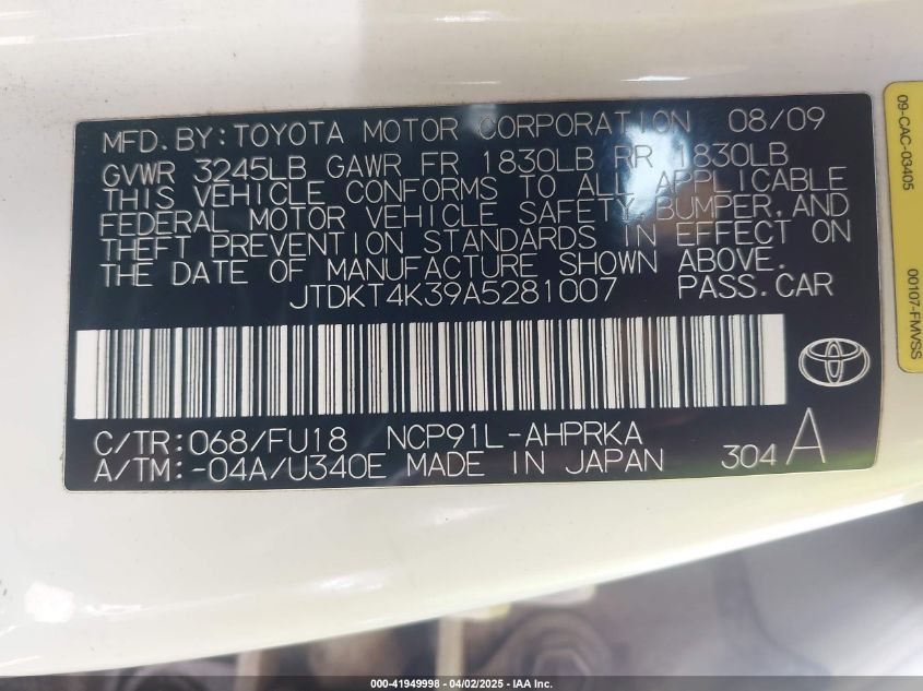 2010 Toyota Yaris VIN: JTDKT4K39A5281007 Lot: 41949998