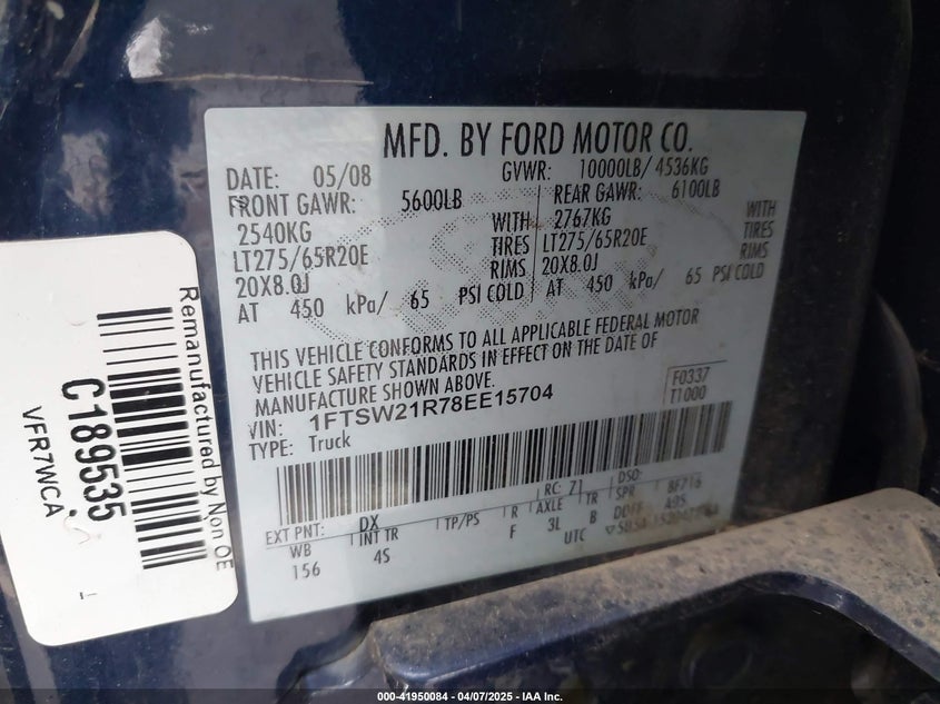 2008 FORD F-250 VIN: 1FTSW21R78EE15704