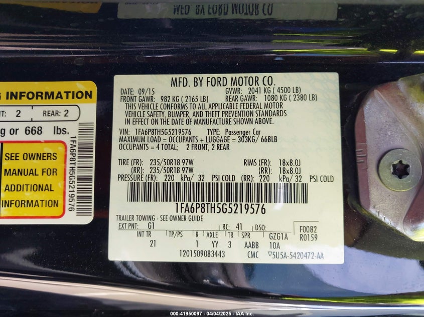 2016 FORD MUSTANG VIN: 1FA6P8TH5G5219576