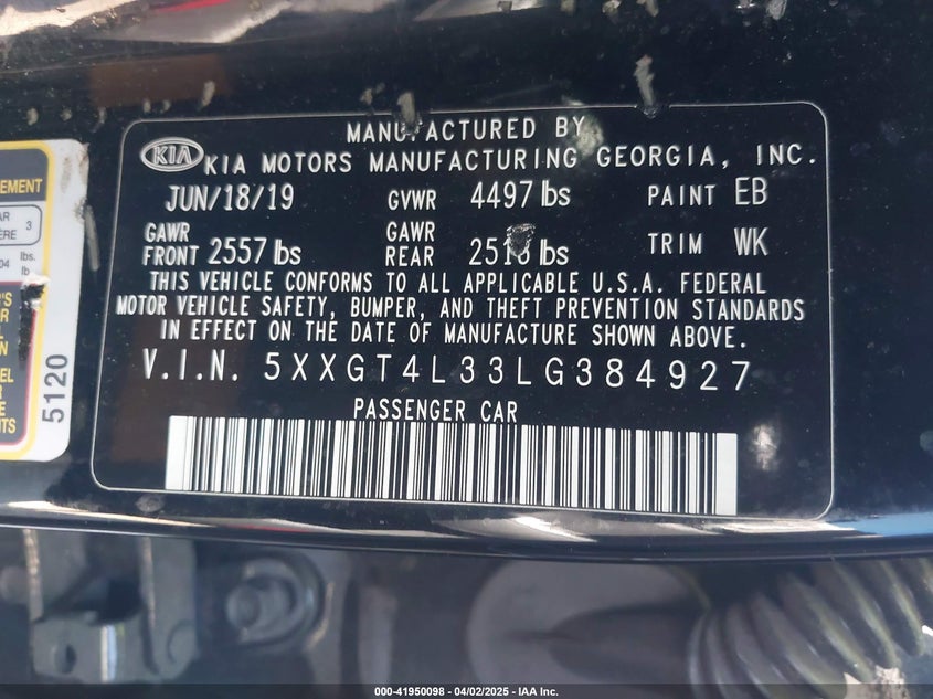 2020 KIA OPTIMA VIN: 5XXGT4L33LG384927