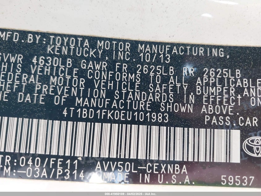 2014 Toyota Camry Hybrid Le VIN: 4T1BD1FK0EU101983 Lot: 41950189