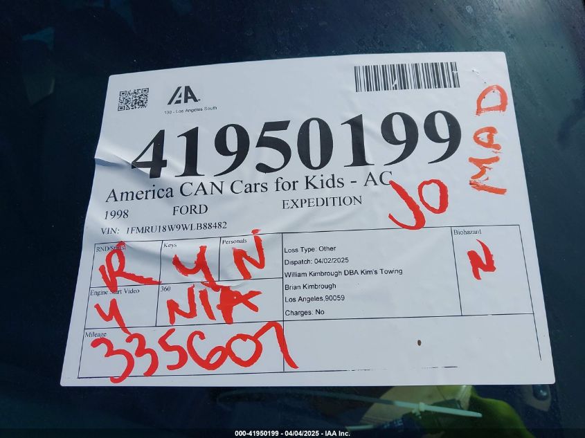 1998 Ford Expedition Eddie Bauer/Xlt VIN: 1FMRU18W9WLB88482 Lot: 41950199