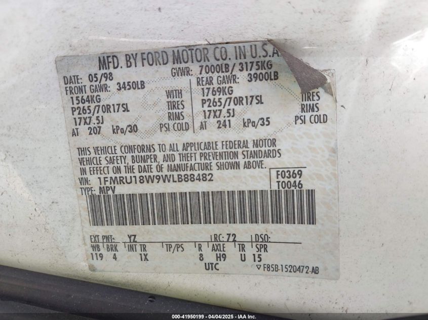 1998 Ford Expedition Eddie Bauer/Xlt VIN: 1FMRU18W9WLB88482 Lot: 41950199