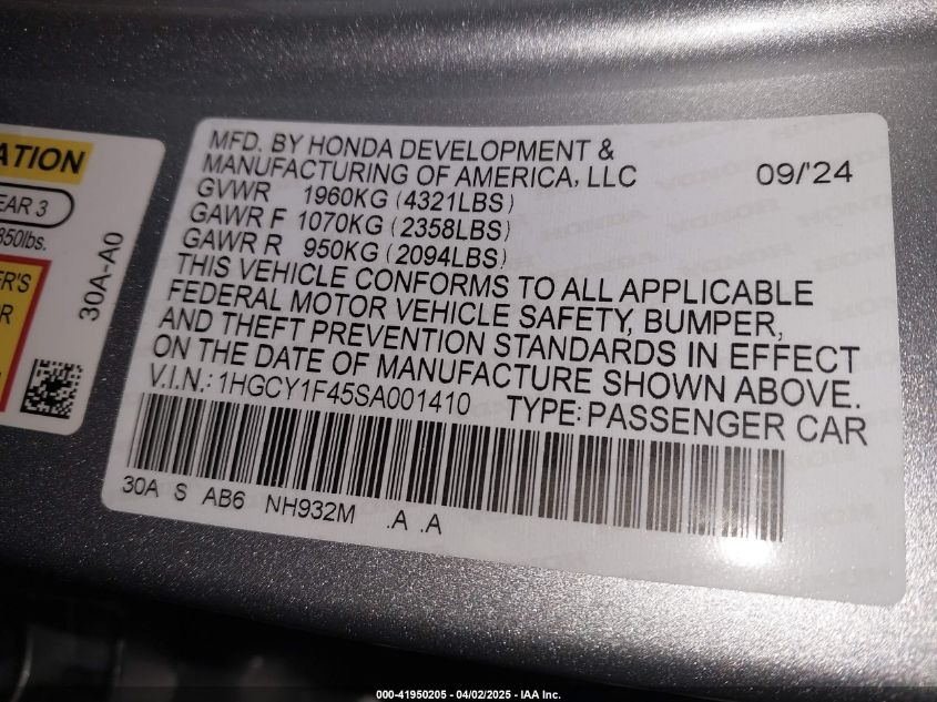 2025 Honda Accord Se VIN: 1HGCY1F45SA001410 Lot: 41950205