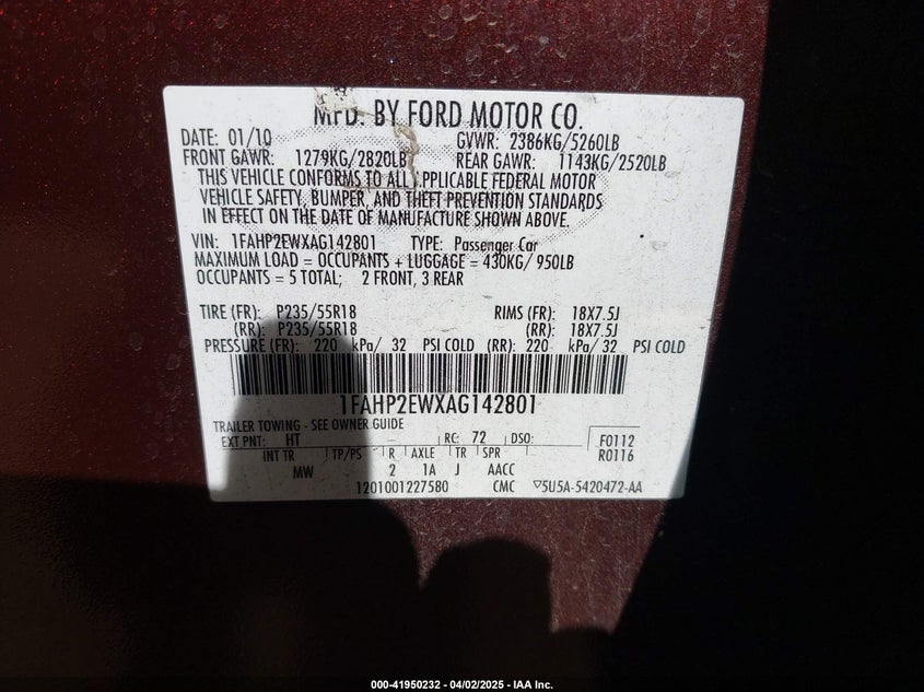 2010 FORD TAURUS VIN: 1FAHP2EWXAG142801