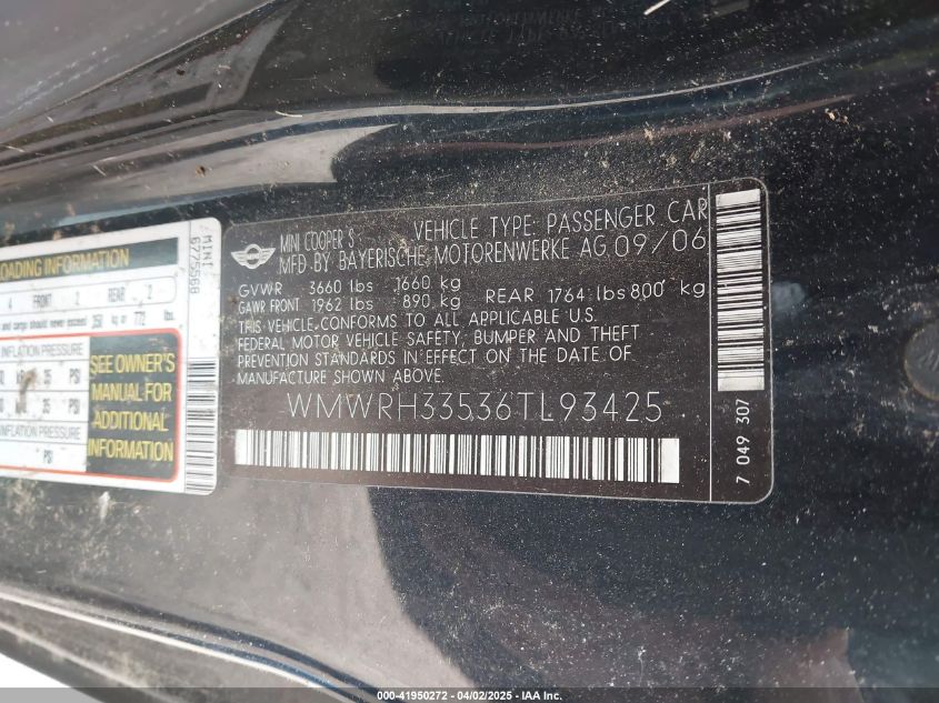2006 Mini Cooper S VIN: WMWRH33536TL93425 Lot: 41950272