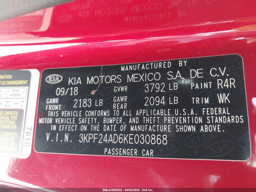 2019 KIA FORTE VIN: 3KPF24AD6KE030868