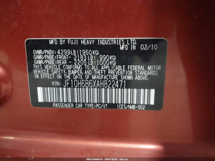 2010 SUBARU IMPREZA VIN: JF1GH6B6XAH822471
