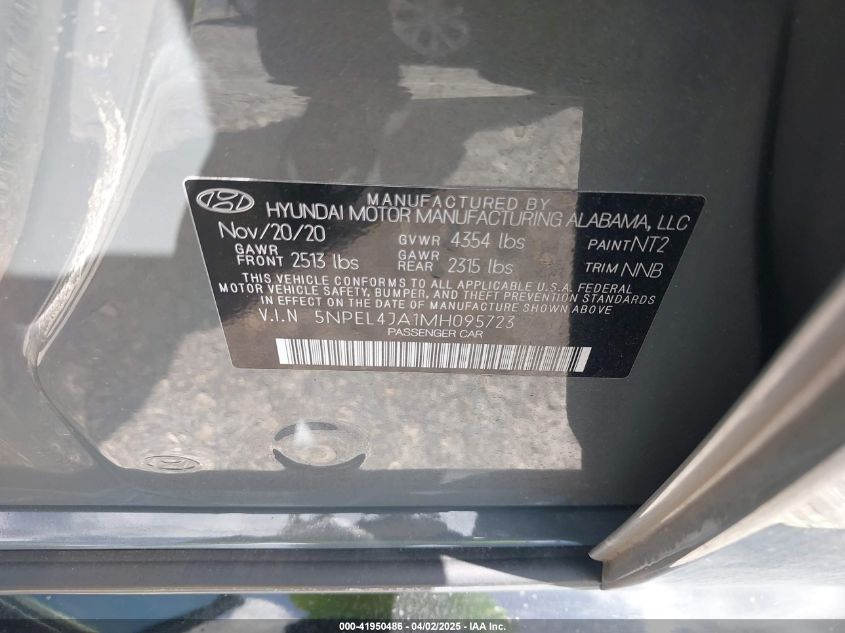 2021 Hyundai Sonata Sel VIN: 5NPEL4JA1MH095723 Lot: 41950486