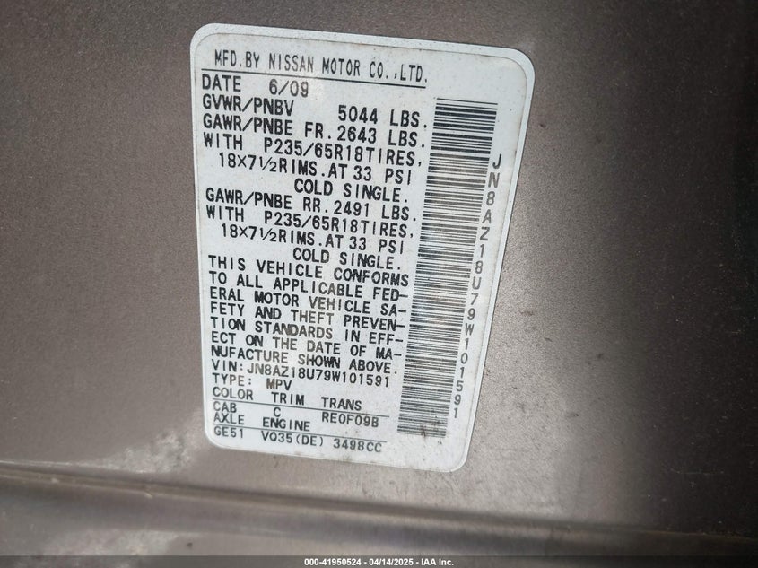 2009 NISSAN MURANO VIN: JN8AZ18U79W101591