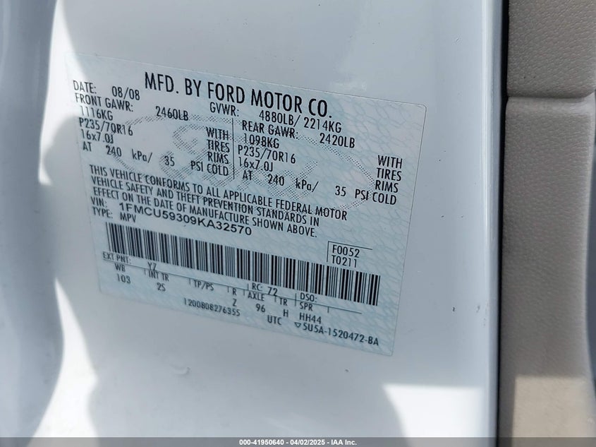 2009 FORD ESCAPE HYBRID VIN: 1FMCU59309KA32570