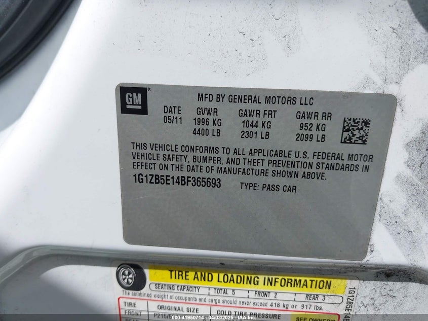 2011 CHEVROLET MALIBU VIN: 1G1ZB5E14BF365693