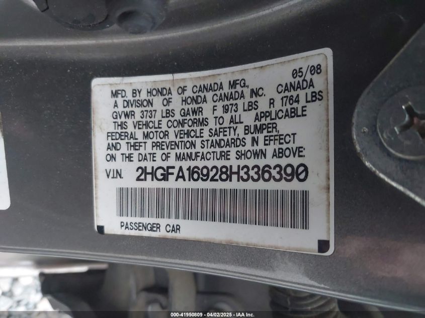 2008 Honda Civic Ex-L VIN: 2HGFA16928H336390 Lot: 41950809