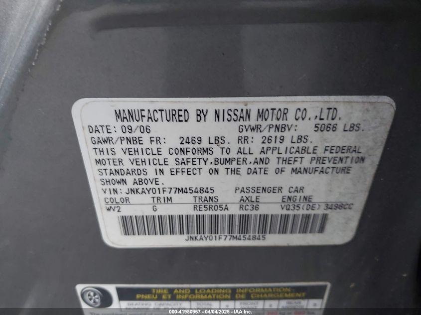 2007 Infiniti M35 VIN: JNKAY01F77M45484 Lot: 41950967