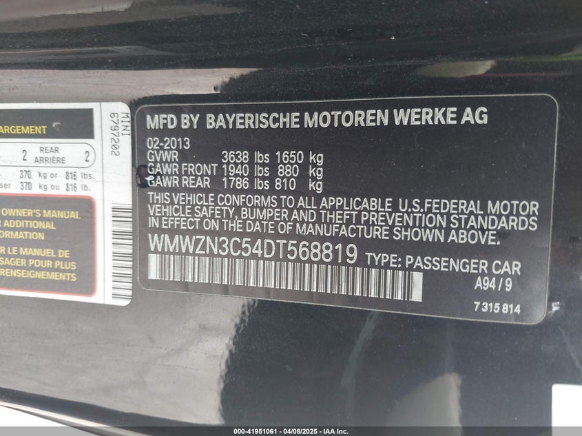 2013 MINI CONVERTIBLE VIN: WMWZN3C54DT568819