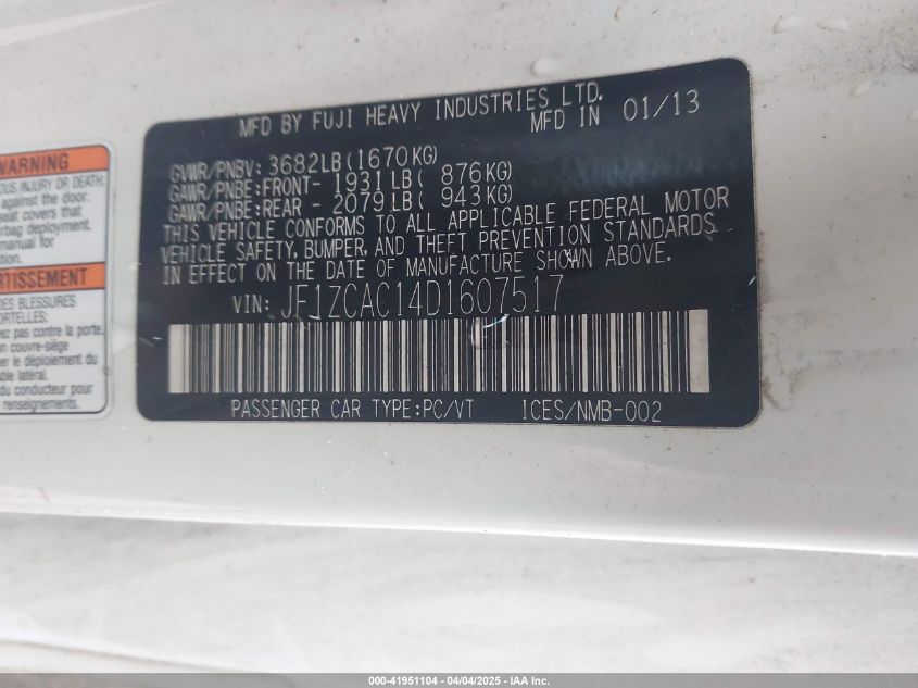 2013 Subaru Brz Limited VIN: JF1ZCAC14D1607517 Lot: 41951104