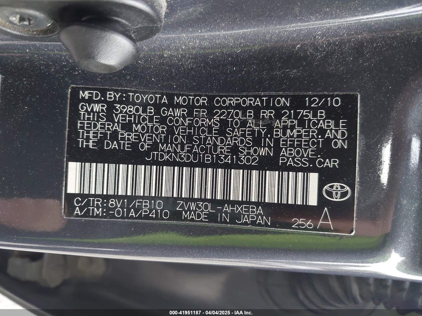 2011 TOYOTA PRIUS VIN: JTDKN3DU1B1341302