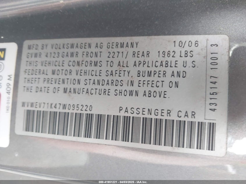 2007 VOLKSWAGEN GTI VIN: WVWEV71K47W095220