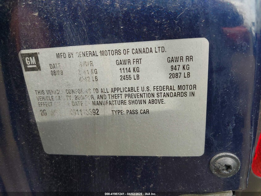 2009 CHEVROLET IMPALA VIN: 2G1WB57KX91113392