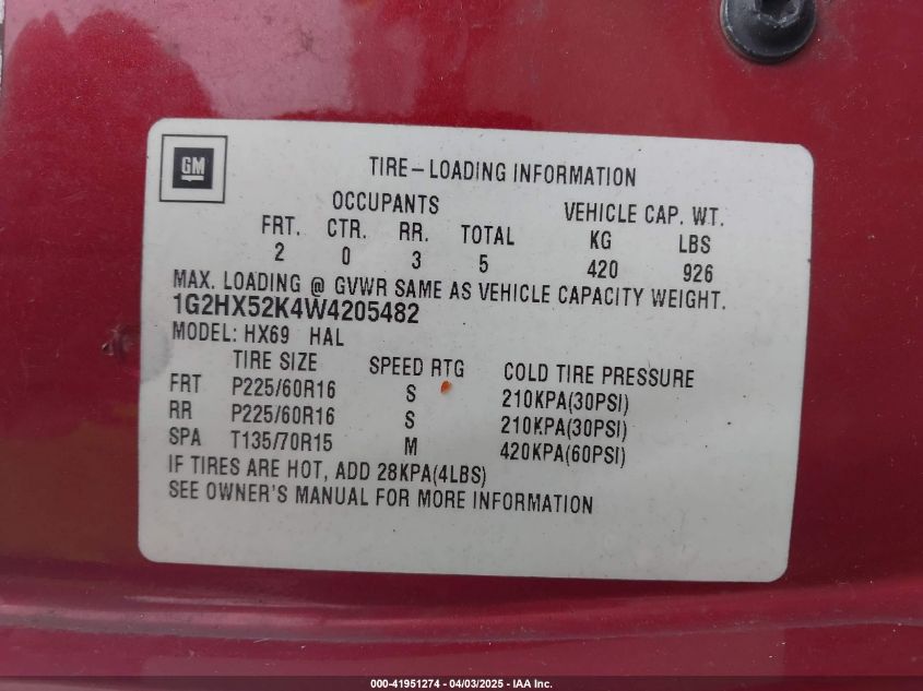 1998 Pontiac Bonneville Se VIN: 1G2HX52K4W4205482 Lot: 41951274