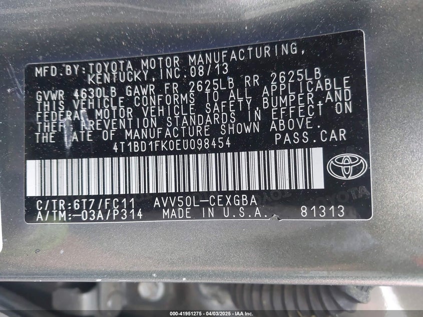 2014 TOYOTA CAMRY VIN: 4T1BD1FK0EU098454