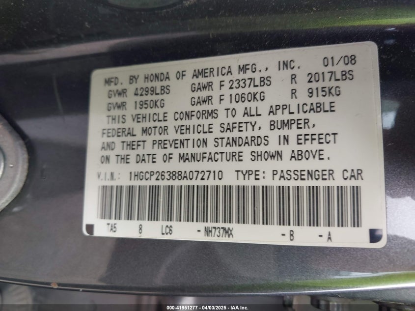 2008 HONDA ACCORD VIN: 1HGCP26388A072710